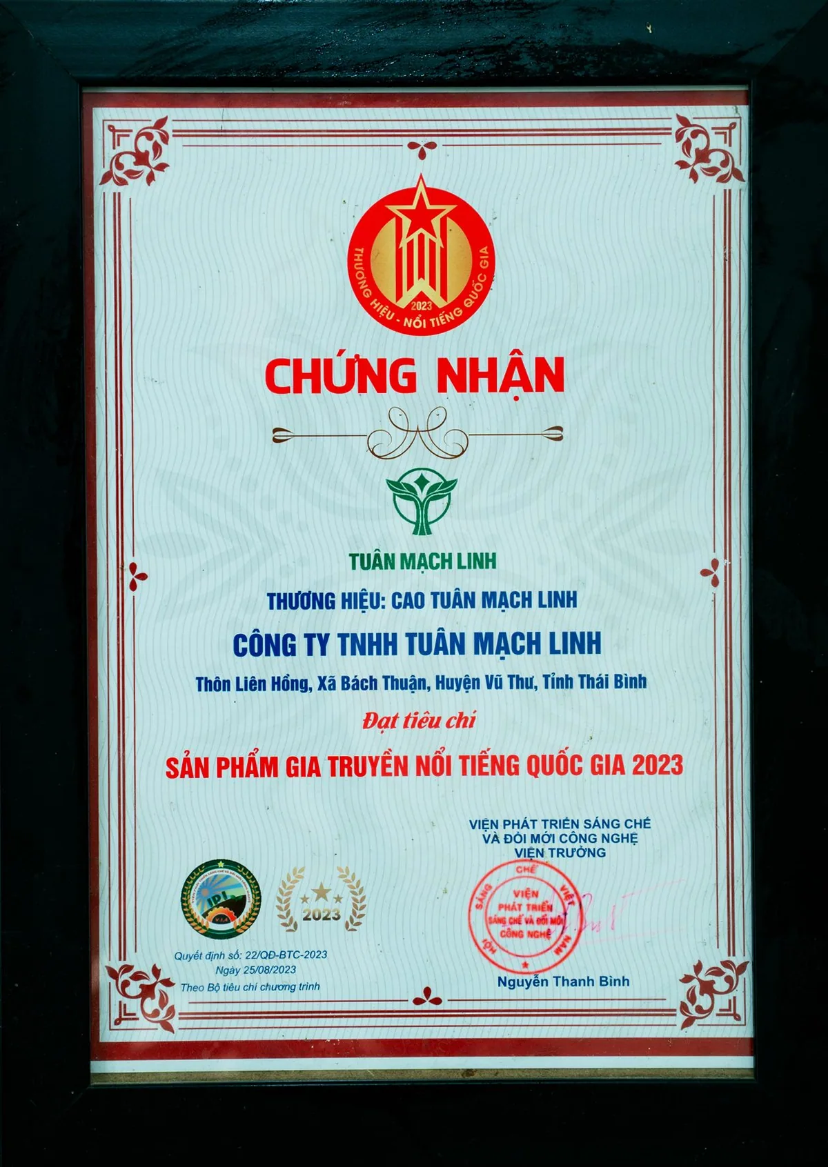 Chứng nhận Cao Tuân Mạch Linh đạt tiêu chí Sản phẩm gia truyền nổi tiếng quốc gia năm 2023