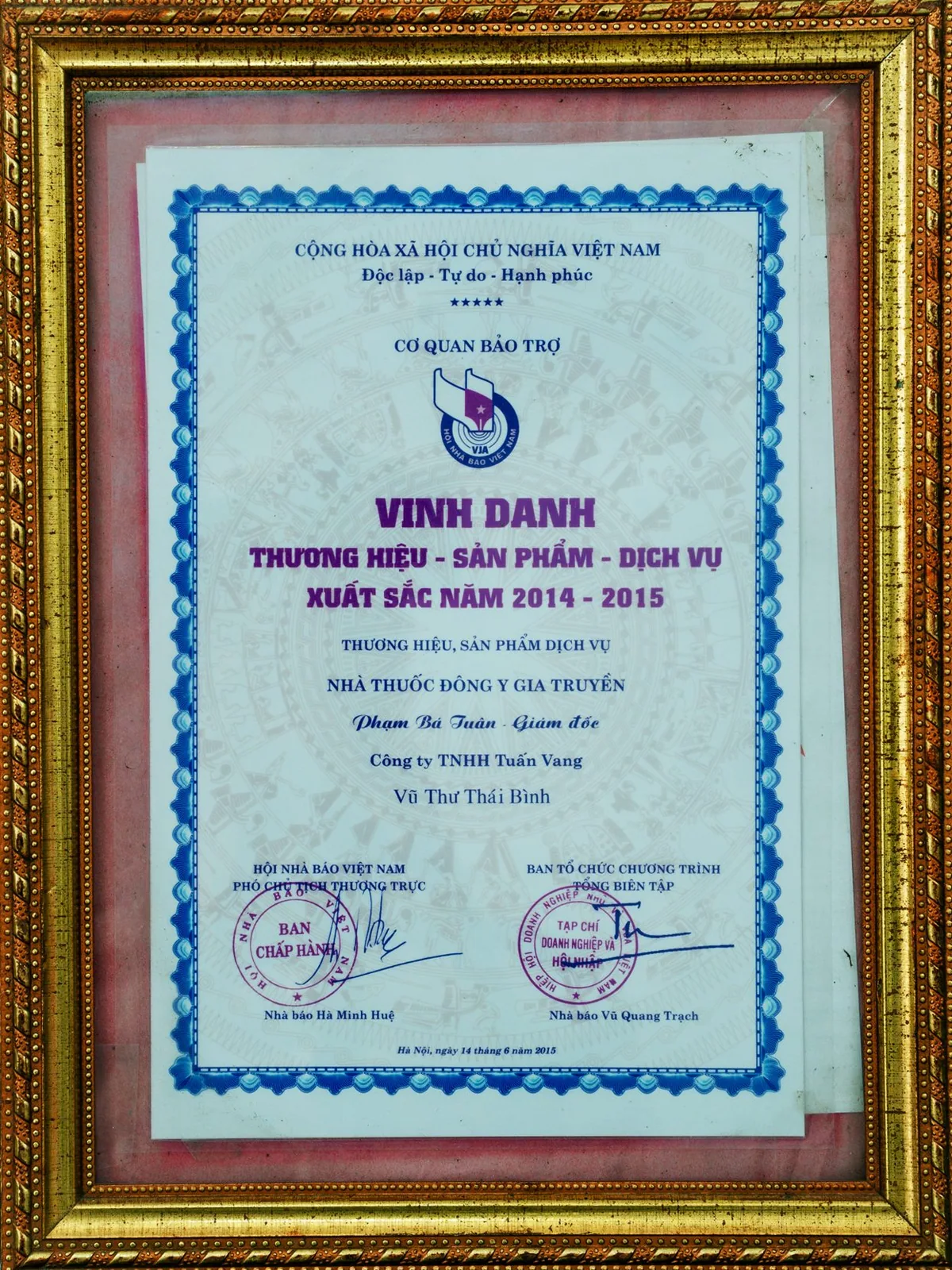 Vinh danh Nhà thuốc Đông y gia truyền Phạm Bá Tuân là thương hiệu sản phẩm dịch vụ xuất sắc năm 2014 đến 2015