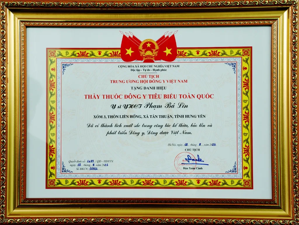 Bằng khen Trung ương Hội Đông y Việt Nam - Y sĩ YHCT Phạm Bá Lin