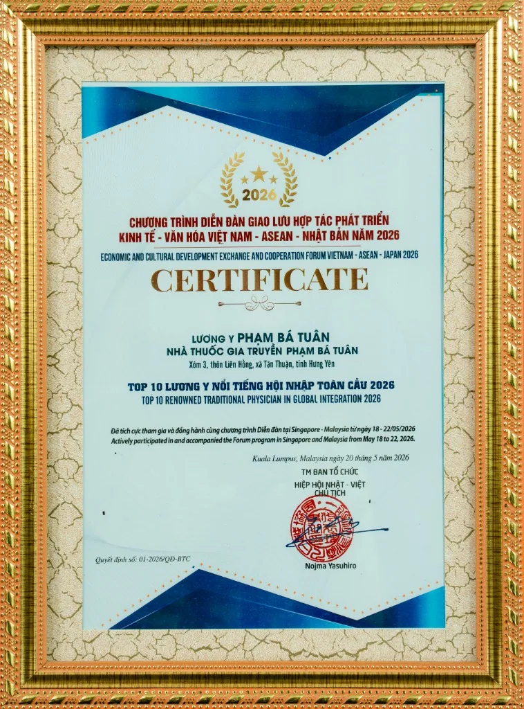 Certificate Top 10 Lương y nổi tiếng hội nhập toàn cầu 2026 - Lương y Phạm Bá Tuân