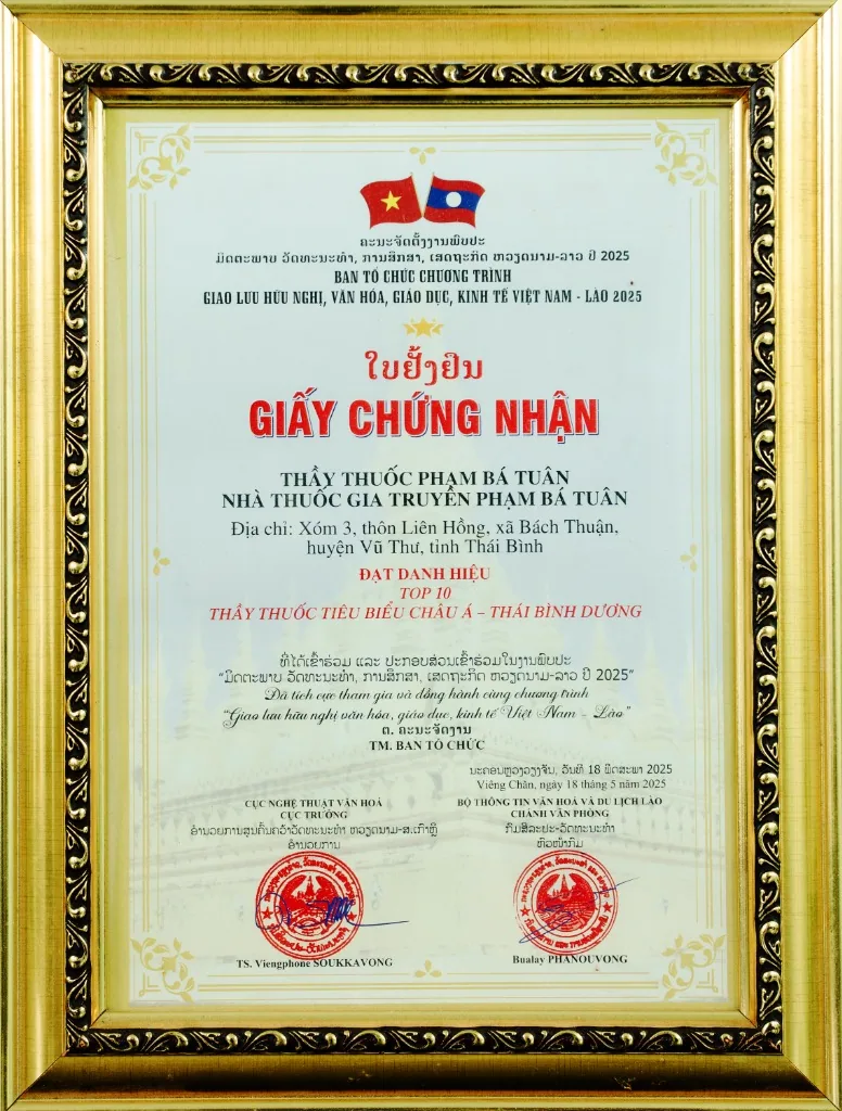 Giấy chứng nhận Top 10 Thầy thuốc tiêu biểu Châu Á - Thái Bình Dương - Phạm Bá Tuân